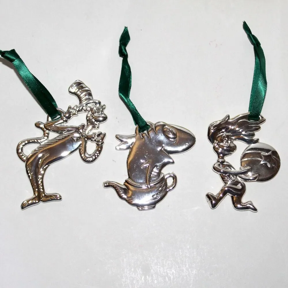 Lot of 3 Dr Seuss Cat In The Hat Christmas Ornaments Silver Plated Thing 1